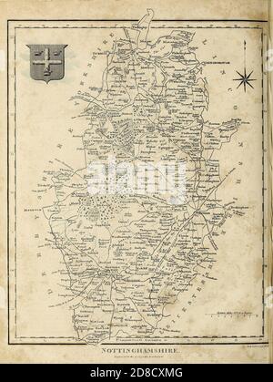 Antica mappa del 19 ° secolo di Nottinghamshire (Nottingham shire abbr Notts.) una contea nella regione East Midlands dell'Inghilterra. Incisione su copperplate dall'Enciclopedia Londinensis OR, dizionario universale di arti, scienze e letteratura; Volume XVII; a cura di Wilkes, John. Pubblicato a Londra nel 1820 Foto Stock