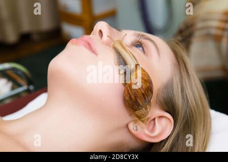 Una grande lumaca Akhatina striscia sul volto di una giovane donna e ringiovanisce la sua pelle. Il concetto di cura insolita e ringiovanimento della pelle del viso. Foto Stock