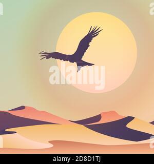 Un grande uccello di preda vola sulle dune. Il sole dietro l'uccello il paesaggio tropicale paesi. Sabbia del deserto. Immagine stilizzata minimalistica a colori in Illustrazione Vettoriale