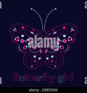 Illustrazione vettoriale di una farfalla stilizzata e decorativa a colori con un motivo floreale. L'immagine è isolata dallo sfondo. Illustrazione Vettoriale
