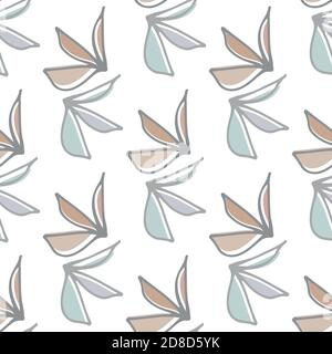 Astratto jolly meadow foglie senza giunture vettore pattern sfondo. Paia di fogliame d'arte in linea pastello e colore offset su sfondo bianco. Moderno disegnato a mano Illustrazione Vettoriale