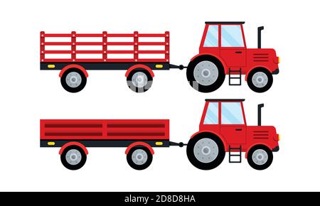 Trattore agricolo rosso con icona del rimorchio aperta, isolato su sfondo bianco. Illustrazione Vettoriale