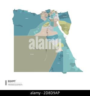 Egitto higt mappa dettagliata con suddivisioni. Mappa amministrativa dell'Egitto con il nome di distretti e città, colorata per stati e distretti amministrativi. Illustrazione Vettoriale