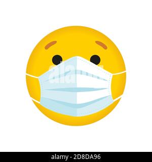 Emoticon giallo rotondo in una maschera medica, icona per i social network, reazione emotiva nel messaggio. Fumetto a bolla piatta. Illustrazione vettoriale isolata su sfondo bianco Illustrazione Vettoriale