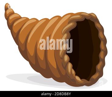 Cornucopia cava o corno di abbondanza in stile cartone animato, isolato su sfondo bianco. Illustrazione Vettoriale