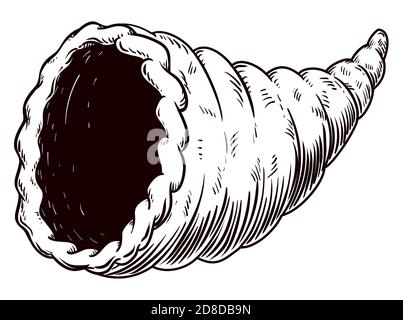 Cornucopia cava o corno di abbondanza in stile disegnato a mano, isolato su sfondo bianco. Illustrazione Vettoriale