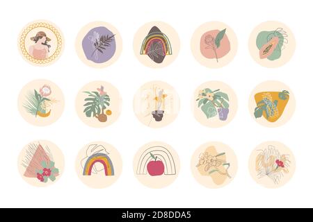 Set di istagram mette in evidenza le icone delle storie con piante tropicali boho casa e oggetti di arredamento per la casa. Illustrazione vettoriale piatta. Illustrazione Vettoriale