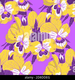 Colorato motivo floreale senza cuciture con fiori pansy disegnati a mano su sfondo viola. Vettore stock Illustrazione Vettoriale