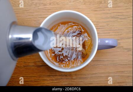 preparare una tazza di tè, versando acqua calda sopra il teabag in tazza, norfolk, inghilterra Foto Stock