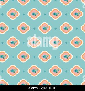 Vettoriale geometrico stilizzato blu motivo floreale piastrelle con frutti di bosco. Disegno vettoriale senza giunture, semplice ornamento e pianta in rosa e teal. Disegno astratto ritagliato. Perfetto per progetti su carta, tessuti e arredamento per la casa. Illustrazione Vettoriale