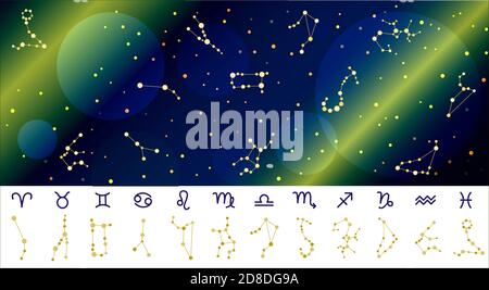 Costellazioni dell'oroscopo con simboli dei segni zodiacali su un gradiente cielo stellato viola-rosa. Pianeti, stelle e costellazioni nello spazio. Telescopio per studiare le stelle. Illustrazione vettoriale di astrologia e astronomia. Oroscopi vettoriali stelle luminose nel cosmo. Illustrazione Vettoriale