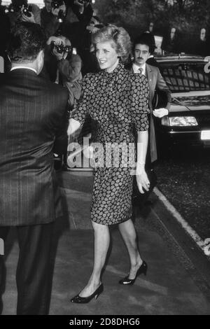 Un sorriso HRH LA PRINCIPESSA DEL GALLES, PRINCIPESSA DIANA arriva al Premio Standard serale al Savoy Hotel, Londra, Gran Bretagna - Novembre 1989 Foto Stock