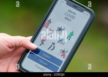 Una persona usa l'app di allarme Covid raffigurata su un cellulare a Kingston, Ontario, giovedì 27 agosto 2020. Foto Stock