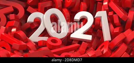 Nuovo anno 2021. Numero 2021 bianco su sfondo stack di cifre rosse, banner. illustrazione 3d Foto Stock