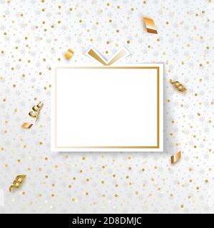 Regalo di Natale bianco con serpentina d'oro e confetti, biglietto d'auguri di Minimalismo Illustrazione Vettoriale