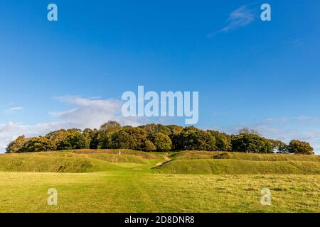 I bastioni e fossati difensivi di Badbury Rings Iron Age Hill Fort a Dorset, Inghilterra Foto Stock