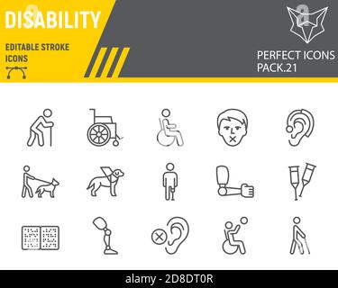 Set di icone della linea di disabilità, raccolta di persone disabili, schizzi vettoriali, illustrazioni del logo, icone di disabilità, pittogrammi lineari dei segni disabilitati Illustrazione Vettoriale