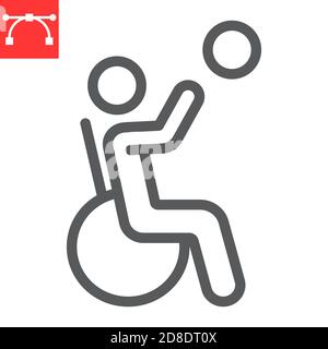 Icona della linea di basket su sedia a rotelle, disabilità e sport, grafica vettoriale dei segni dell'uomo disabilitata, icona lineare del tratto modificabile, eps 10. Illustrazione Vettoriale