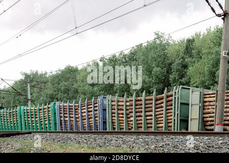 treno merci con tronchi. Ferrovia con le automobili di trasporto. Trasporto di alberi Foto Stock