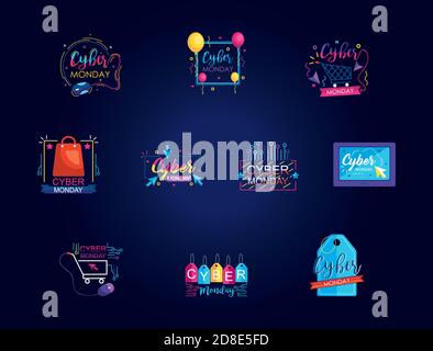 set di icone di disegni cyber lunedi su sfondo blu, stile piatto, illustrazione vettoriale Illustrazione Vettoriale