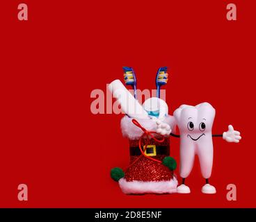 Dentista Detal Care buon Natale sfondo felice anno nuovo carta Natale modello banner. Foto Stock