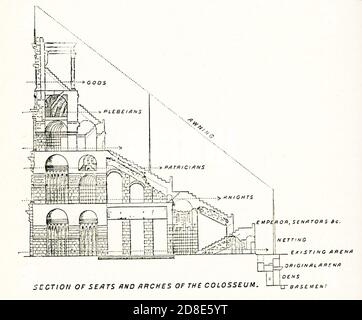 Sezione di sedi e archi del Colosseo. Le etichette sono dall'alto verso il basso: Dèi; plebei; patrizi; Cavalieri; imperatore, senatori ecc; rete; arena esistente; arena originale; galline; seminterrato. La linea punteggiata diagonale indica la tenda. Situato a est del Foro Romano, l'imponente anfiteatro in pietra, noto come Colosseo, fu commissionato intorno al 70-72 d.C. dall'Imperatore Vespasiano della dinastia Flavia in dono al popolo romano. Nel 80 d.C. il figlio vespasiano Tito aprì il Colosseo, ufficialmente conosciuto come Anfiteatro Flaviano Foto Stock