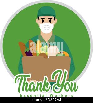 Isolato Domiciliary verde grazie indispensabili lavoratori - Vector Illustrazione Vettoriale