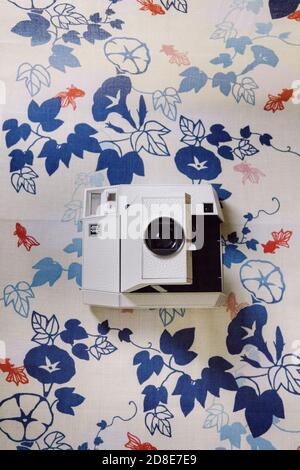 Lomography Vintage Instant Film camera su uno sfondo decorato con fiori e foglie blu e pesci rossi giapponesi Foto Stock
