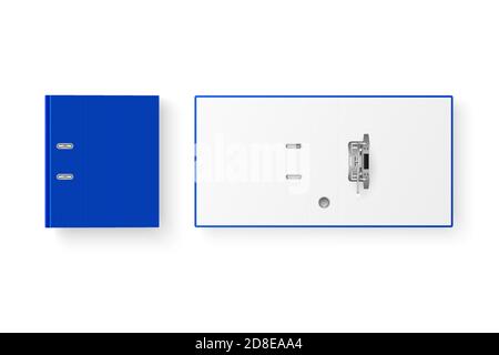 Vector 3d chiuso e aperto Blu realistico Blank Set di raccoglitori da ufficio con anelli in metallo per foglio di carta A4 Closeup isolato su sfondo bianco. Design Illustrazione Vettoriale