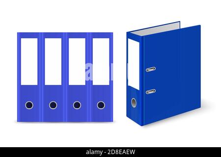 Vector 3d chiuso realistico blu Blank Office Binder con anelli in metallo per set di fogli di carta A4 Closeup isolato su sfondo bianco. Modello di progetto Illustrazione Vettoriale