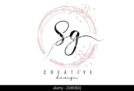 Logo scritto a mano SG S G con cerchi scintillanti con glitter rosa. Illustrazione decorativa vettoriale con lettere S e G. Illustrazione Vettoriale