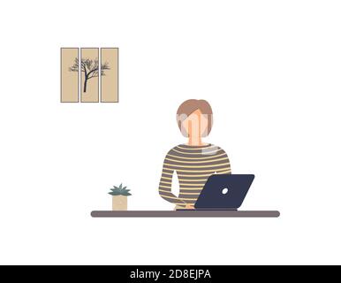 Tutor donna senza volto lavoro su laptop.lavoro remoto, e-learning a distanza o formazione online durante virus Epidemic.Lady trainer o allenatore condotta webinar Illustrazione Vettoriale