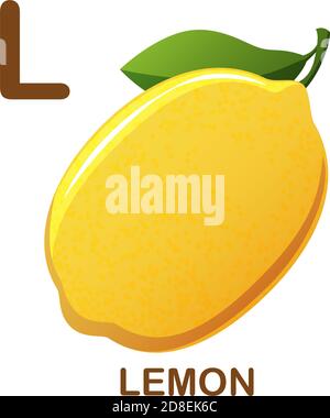 Icona vettore limone. Icona con la lettera L. Illustrazione dell'alfabeto su sfondo bianco. Stile cartone animato. Illustrazione Vettoriale