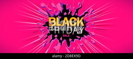 Banner di vendita black friday. L'iscrizione distrugge il muro. Crepa nera nella parete rosa e linea dinamica. Modello orizzontale per poster, banner, volantino, Illustrazione Vettoriale