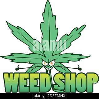 Negozio di marijuana medica. Logo con foglie di canapa, articolazioni e dispositivi per fumare. Illustrazione vettoriale Illustrazione Vettoriale