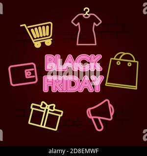 design black friday con elementi per lo shopping su sfondo nero, design al neon colorato, illustrazione vettoriale Illustrazione Vettoriale