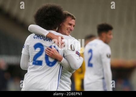 ATENE, GRECIA - OTTOBRE 29: Hamza Choudhury di Leicester City celebra il suo obiettivo, secondo per la sua squadra, durante la partita di scena UEFA Europa League Group G tra AEK Atene e Leicester City allo Stadio Olimpico di Atene il 29 ottobre 2020 ad Atene, Grecia. (Foto di MB Media) Foto Stock