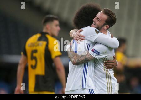 ATENE, GRECIA - OTTOBRE 29: Hamza Choudhury di Leicester City celebra il suo obiettivo, secondo per la sua squadra, durante la partita di scena UEFA Europa League Group G tra AEK Atene e Leicester City allo Stadio Olimpico di Atene il 29 ottobre 2020 ad Atene, Grecia. (Foto di MB Media) Foto Stock