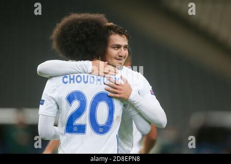 ATENE, GRECIA - OTTOBRE 29: Hamza Choudhury di Leicester City celebra il suo obiettivo, secondo per la sua squadra, durante la partita di scena UEFA Europa League Group G tra AEK Atene e Leicester City allo Stadio Olimpico di Atene il 29 ottobre 2020 ad Atene, Grecia. (Foto di MB Media) Foto Stock