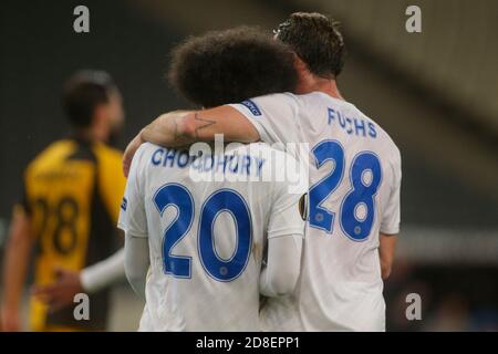 ATENE, GRECIA - OTTOBRE 29: Hamza Choudhury di Leicester City celebra il suo obiettivo, secondo per la sua squadra, durante la partita di scena UEFA Europa League Group G tra AEK Atene e Leicester City allo Stadio Olimpico di Atene il 29 ottobre 2020 ad Atene, Grecia. (Foto di MB Media) Foto Stock