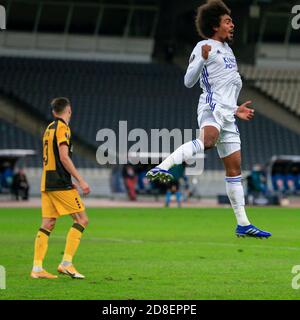 ATENE, GRECIA - OTTOBRE 29: Hamza Choudhury di Leicester City festeggia il suo obiettivo, secondo per la sua squadra durante la partita di stadio G del gruppo UEFA Europa League tra AEK Atene e Leicester City allo Stadio Olimpico di Atene il 29 ottobre 2020 ad Atene, Grecia. (Foto di MB Media) Foto Stock