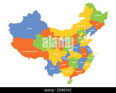 Mappa politica colorata della Cina. Divisioni amministrative - Province. Semplice mappa vettoriale piatta con etichette. Illustrazione Vettoriale