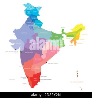 Mappa politica colorata dell'India. Divisioni amministrative - stati e territori sindacali. Semplice mappa vettoriale piatta con etichette. Illustrazione Vettoriale