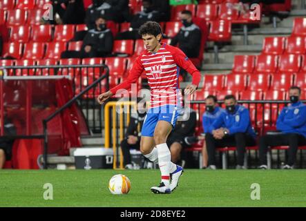 Granada, Spagna. 29 Ott 2020. Jesus Vallejo di Granada CF in azione durante la partita di calcio Europa League giocata tra Granada CF e PAOK Salonica allo stadio Nuevo los Carmenes il 29 ottobre 2020 a Granada, Spagna. Credit: Dax Images/Alamy Live News Foto Stock