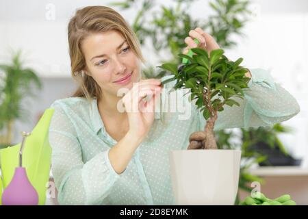 bella giovane donna che si prende cura del suo bonsai