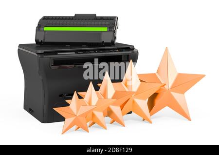 Valutazione cliente della stampante multifunzione MFP, concetto. Rendering 3D isolato su sfondo bianco Foto Stock