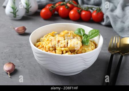 Pasta di pittim fatta in casa con pollo e verdure su tavolo grigio scuro. Primo piano. Foto Stock