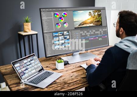 Editor video con il software di modifica per la modifica Foto Stock