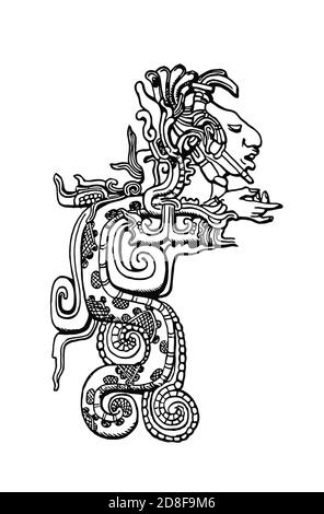 Immagine di linea di una scultura trovata nel sito Maya di Copan, Honduras., che mostra un serpente enorme con la testa e le spalle di un uomo che sporgono dalla sua bocca. Illustrazione Vettoriale