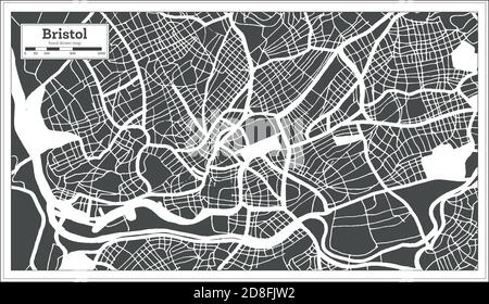 Mappa della città di Bristol in Gran Bretagna in bianco e nero in stile retro. Mappa di contorno. Illustrazione vettoriale. Illustrazione Vettoriale